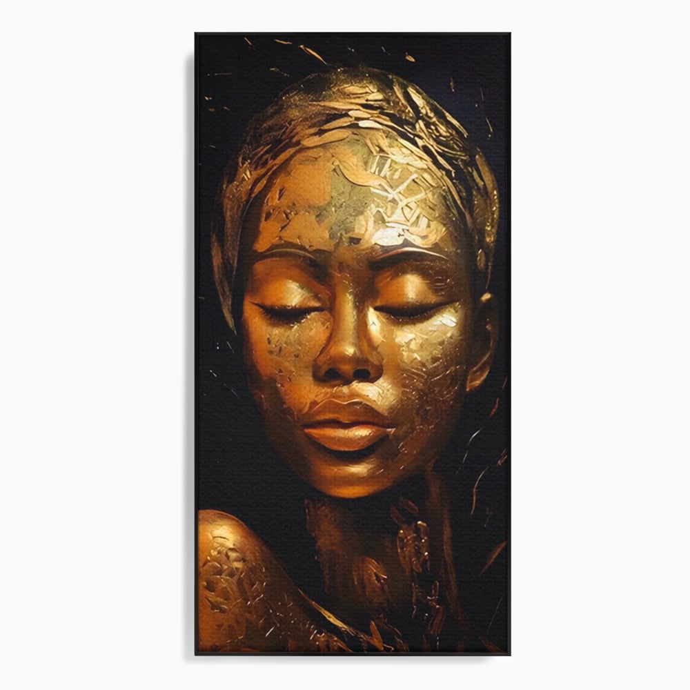 Tablou canvas cu tablou canvas cu femeie africana aurie, in rama de aluminiu negru